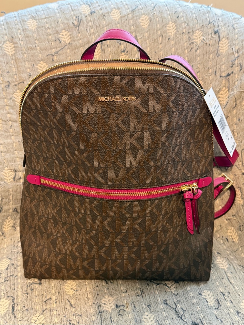 Michael Kors Brown Logo Backpack with Pink Trim